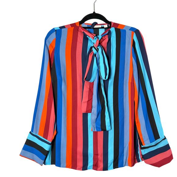 Eva Mendes Top Womens S Multicolor Bow‎ Neck Long Sleeve Pullover Blouse - Picture 1 of 12